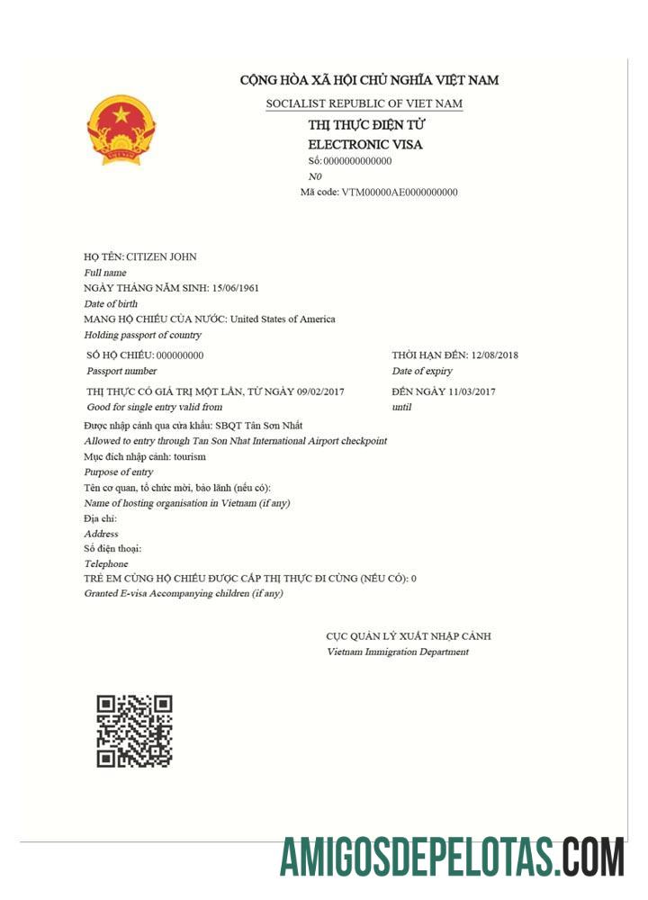 Visto eletrônico de viagem para o Vietnã amostra